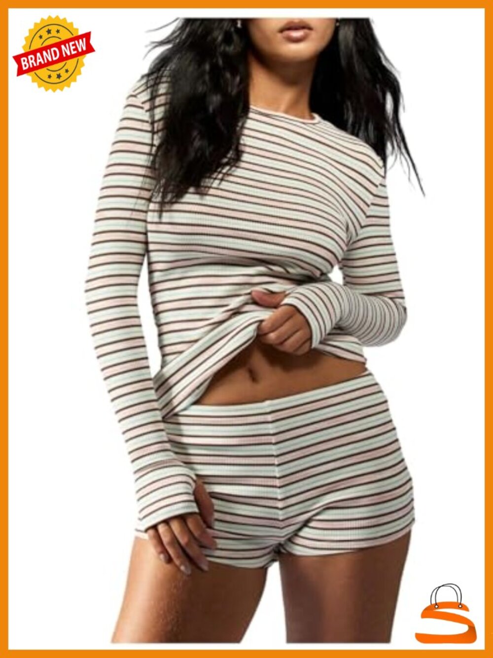 Striped Lounge Set 2 Piece Matching Athletic Set Long Sleeve Top with Shorts